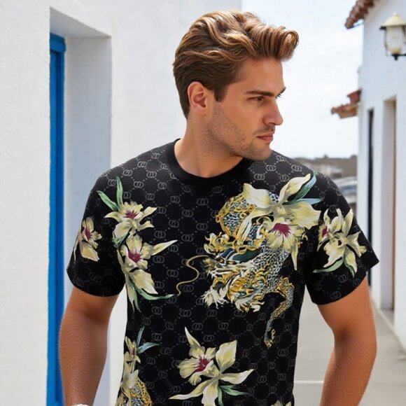 krisp Other - KRISP Designer T-Shirt Black with Golden Dragon & Lily Print